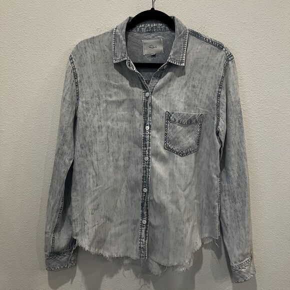 Rails Womens Ingrid Raw Hem Button Down Shirt Long Sleeve Chambray Acid Wash M - Picture 2 of 9